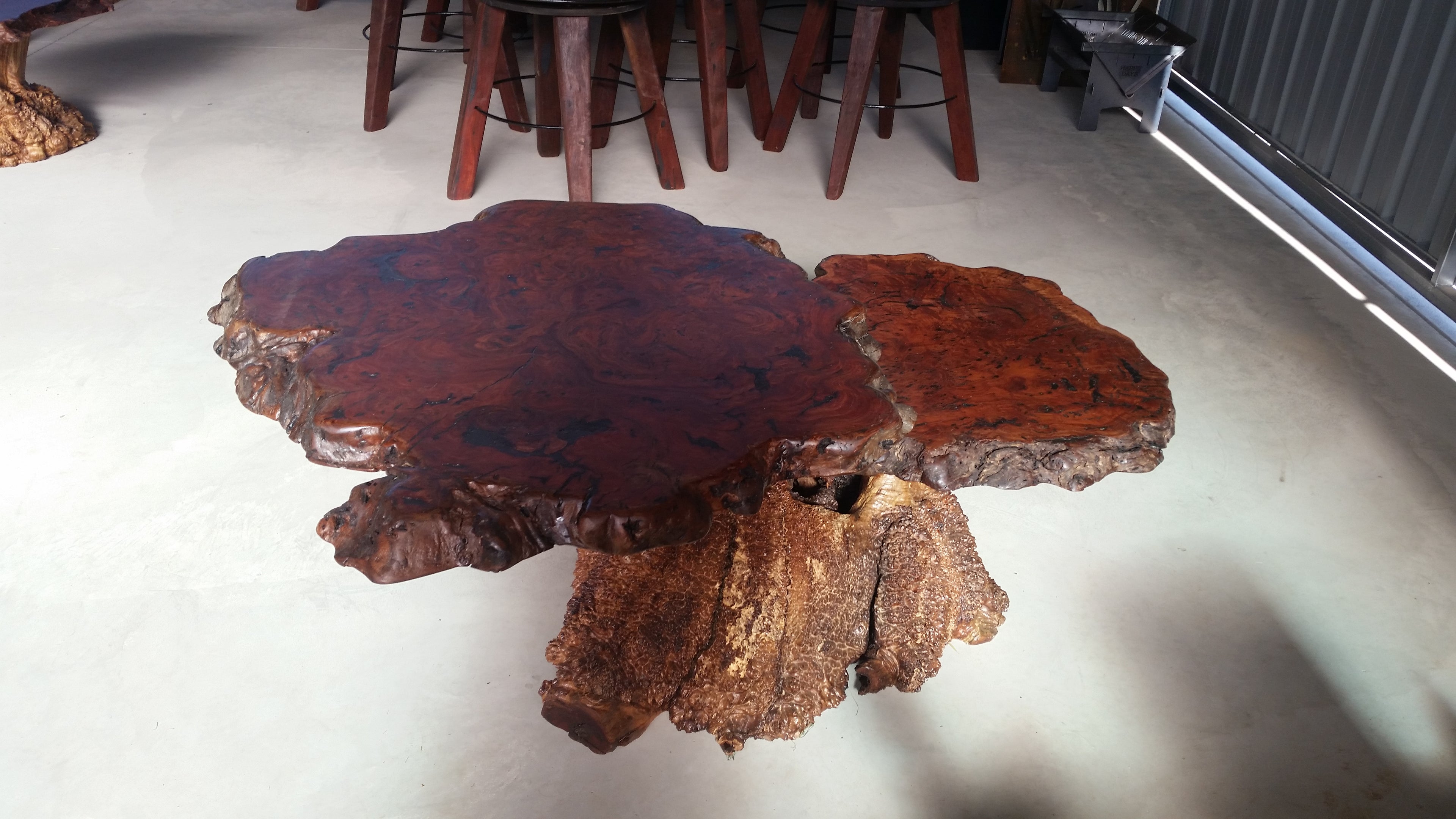 Redgum Burl Waterfall Coffee Table with Mallee Stump